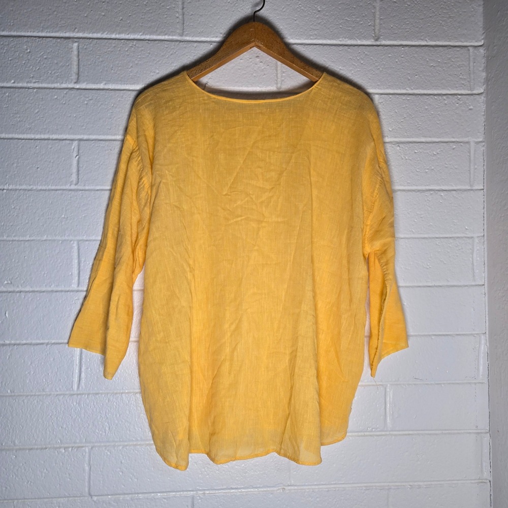 Cotton Linen 3/4 Sleeve Top XL Yellow Oversized Lagenlook Hippie Minimalist Boho